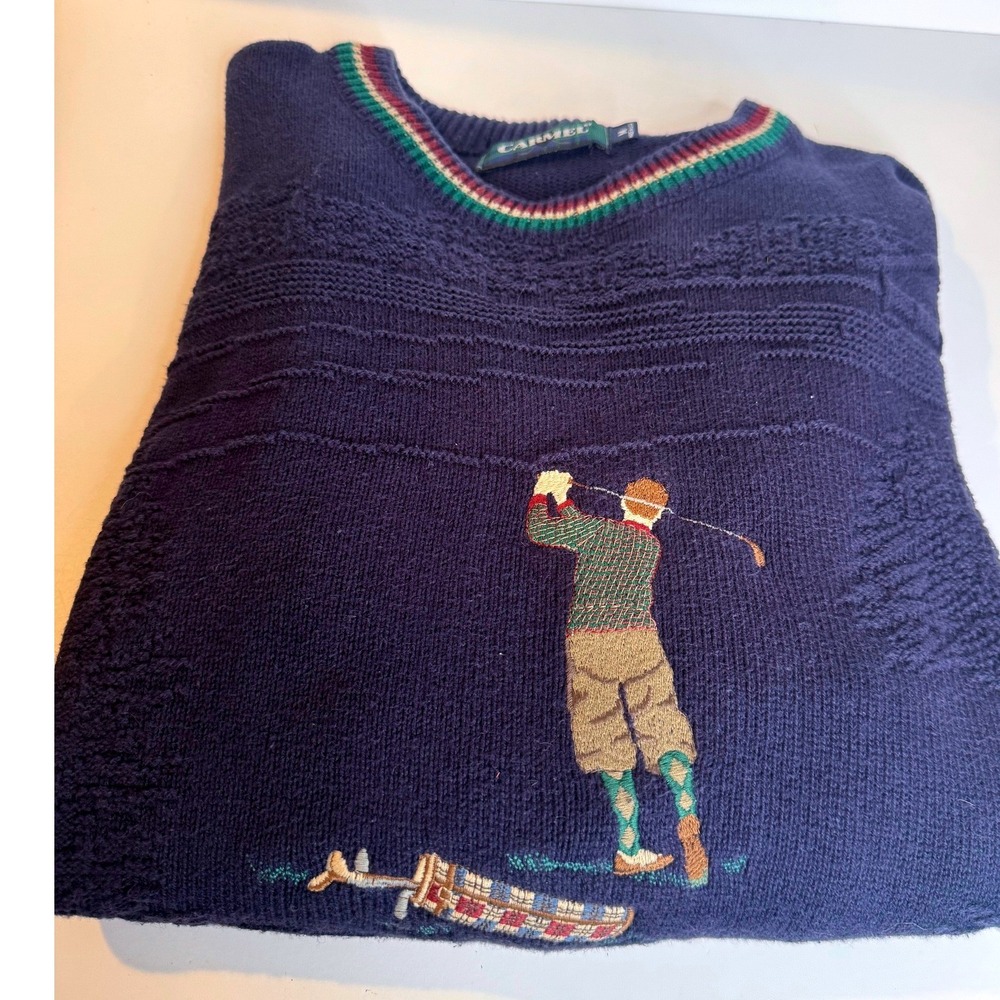 Vintage Carmel Golf Sweater‎ Golfer Knit Crewneck Navy Cotton Pullover Mens M